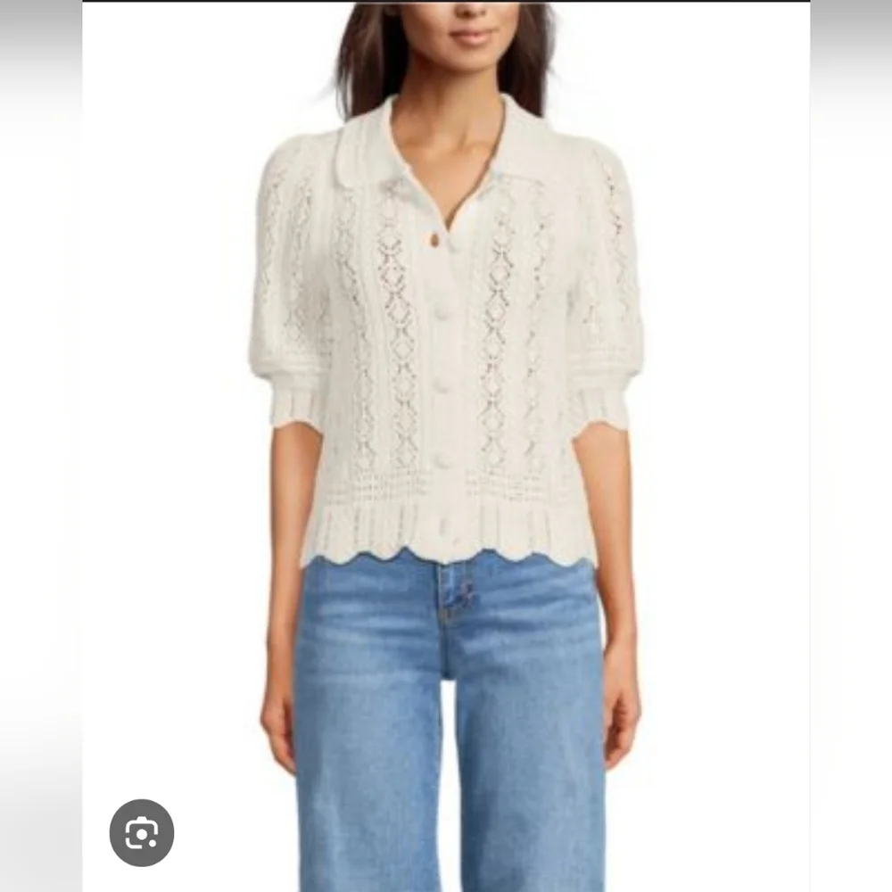 NWOT Lands' End Lace Pointelle Puff Sleeve Cardigan Sweater Size XL - Picture 7 of 7